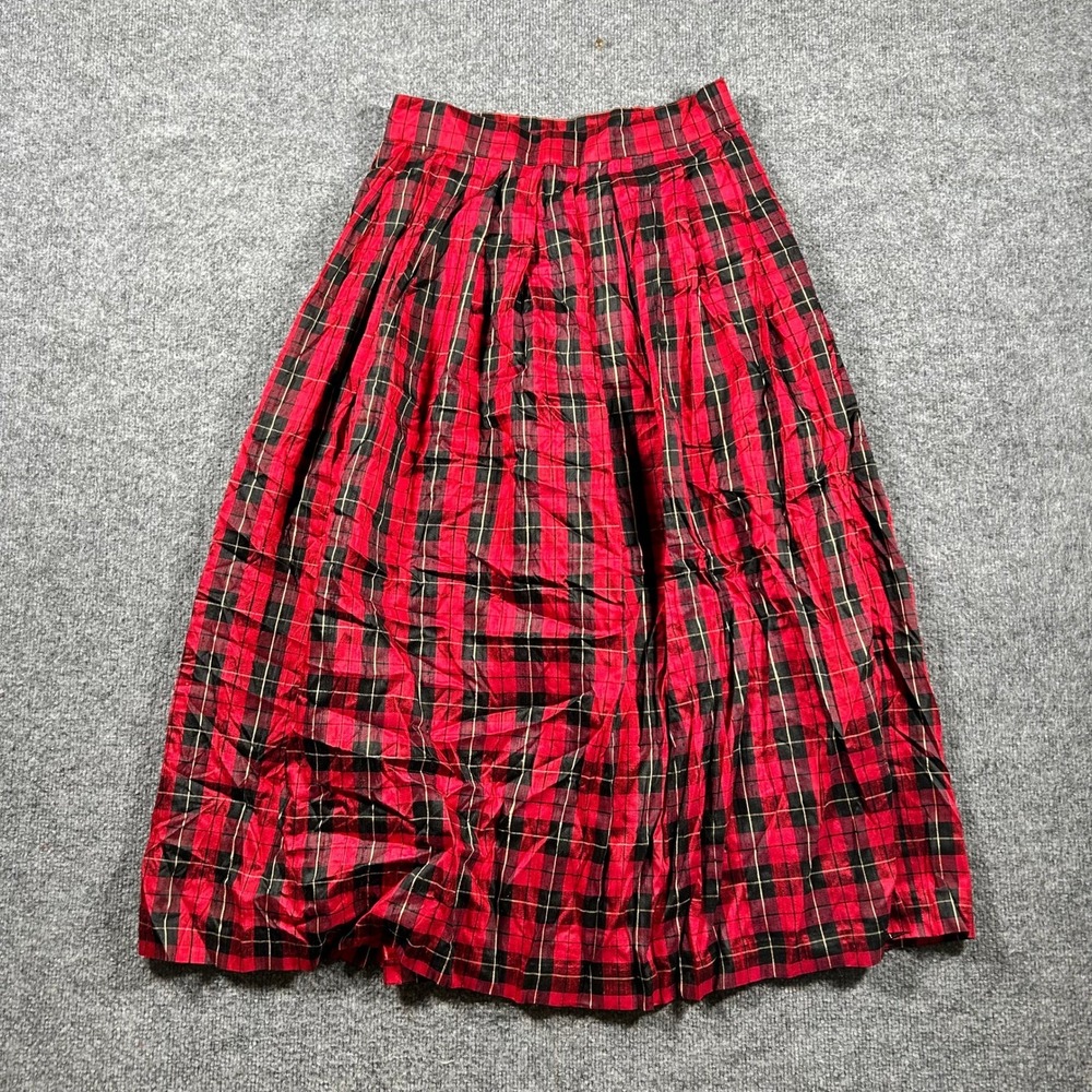 Talbots Skirt Womens Size 12 Red Black Plaid Silk Midi Pleated A-Line Lined